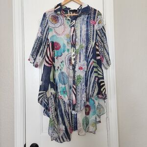 Funsport Button Front Tunic Blue Whimsical‎ Floral Bohemian Beach Large